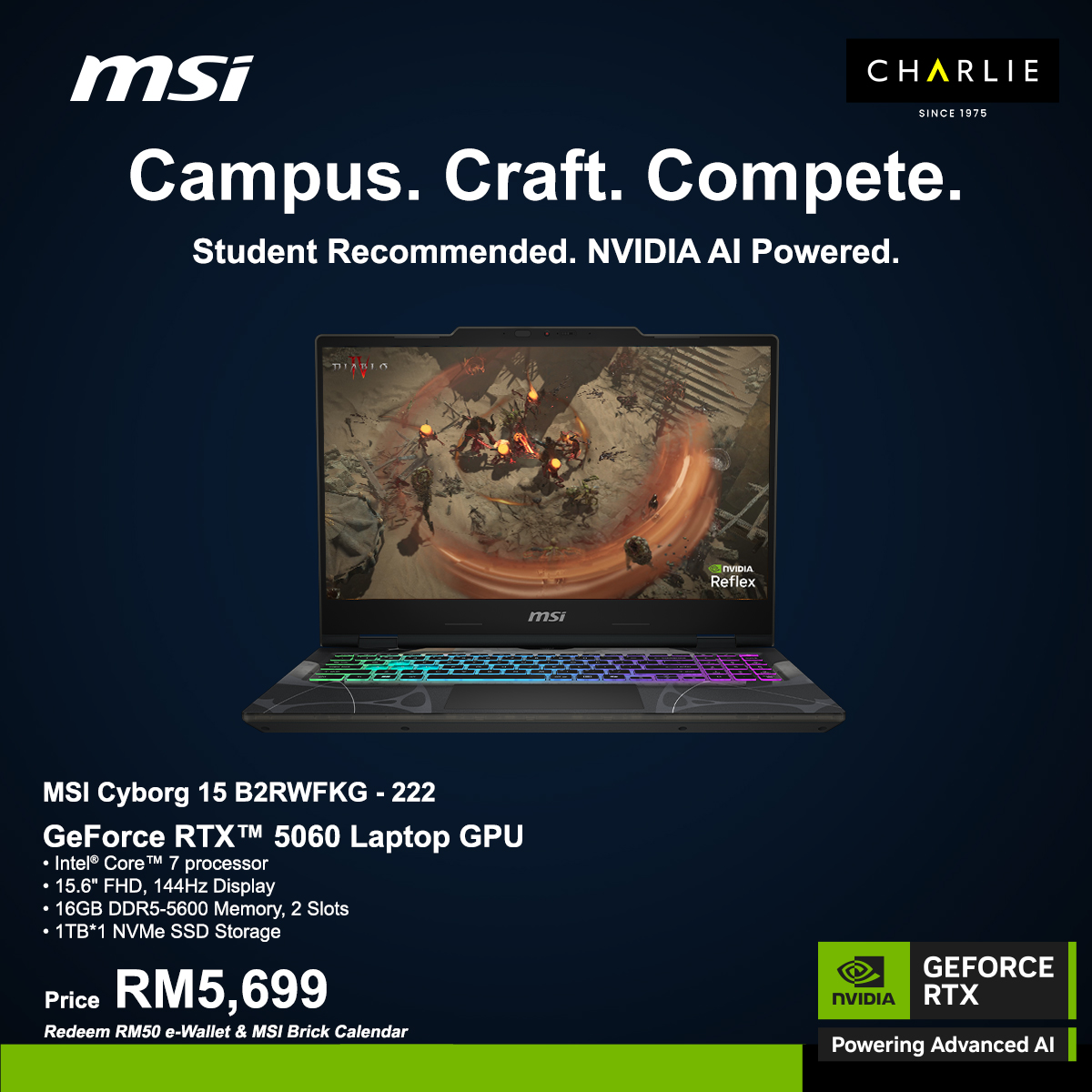 MSI Laptop Cyborg 15 AI Gaming B2RWFKG-222MY (Intel Core 7 240H/16GB/1TB/15.6 FHD 144HZ/RTX5060